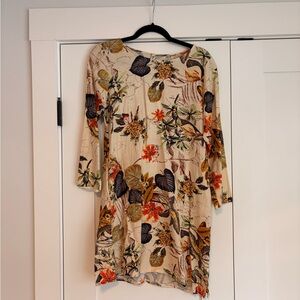 Floral Beige Knit Tunic Dress with Tropical Leaf Print